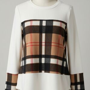 12 PM By Mon Ami White Sweater with Brown Plaid Sweater Women's Small Cabincore